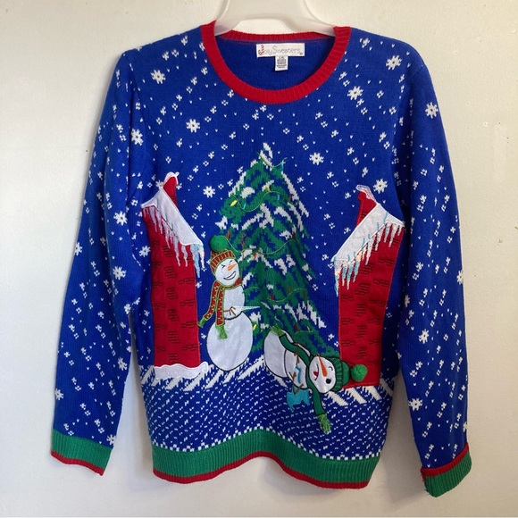 jolly sweaters Other - Funny/Ugly L light up Christmas sweater. Blue with snowman scene. Has won 1st!!
